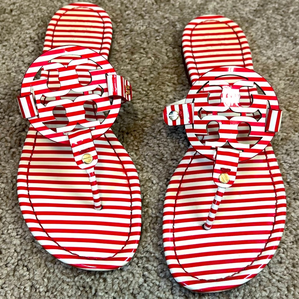 Tory Burch Red and White Striped Sandals